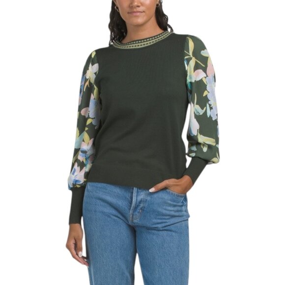 RIO & RIAN Crew Neck Long Sleeve Pullover Sweater With Mixed Media Sleeves - Picture 1 of 2